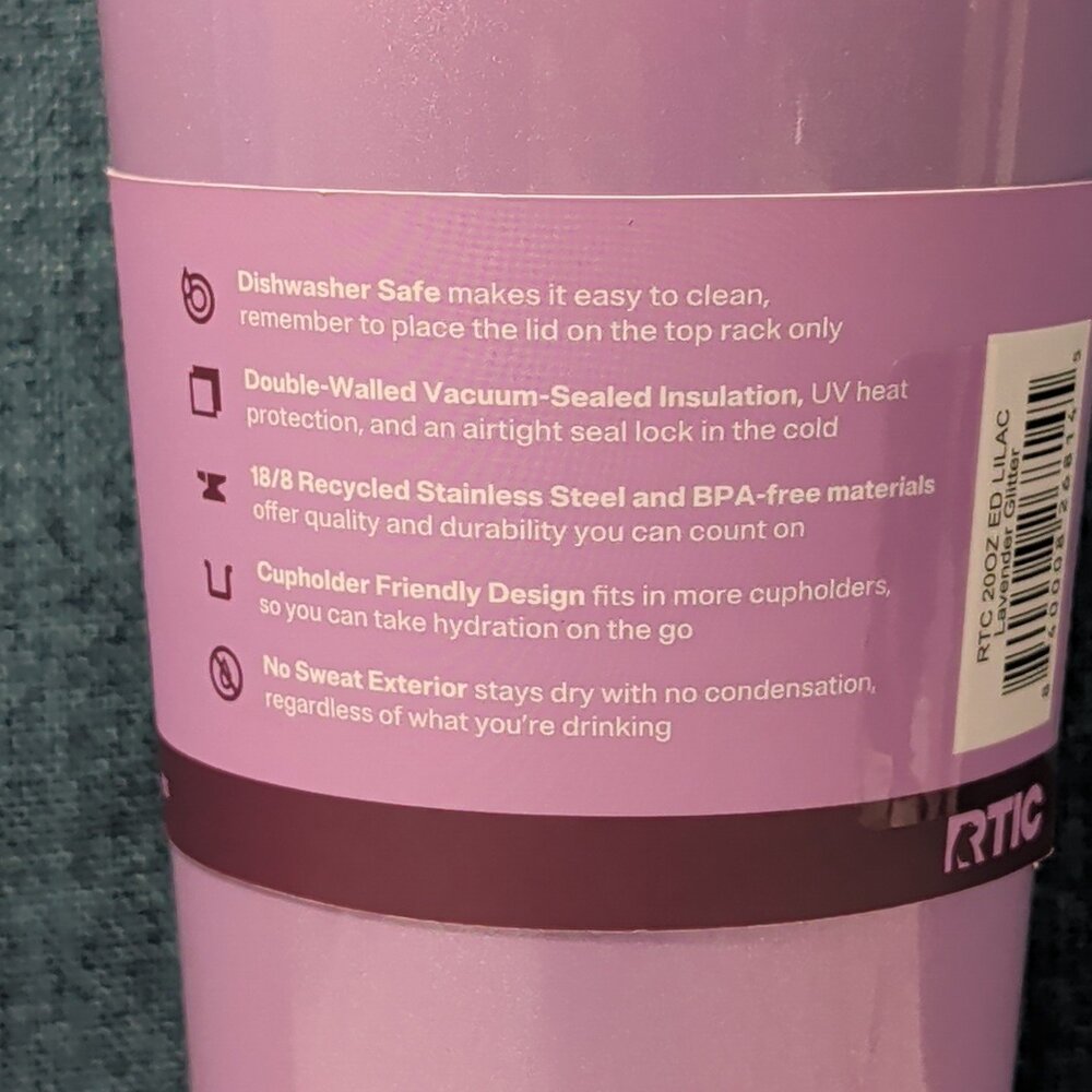 NEW RTIC 20oz Ceramic Lined Tumbler | Lavender Glitter | Everyday Straw Lid - Picture 2 of 16